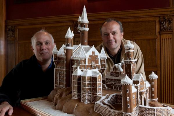 Gingerbread Castle with creators (L-R) James Glucksman and James Boussy  